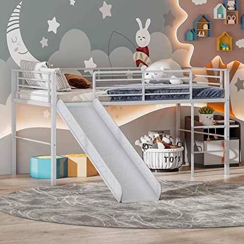 COSTWAY Kids Mid Sleeper Bed, Children Loft Beds with Slide, Stairs and Safety Guardrails, Metal Single Bunk Bed Frame for Boys Girls, 150kg Capacity (Silver)