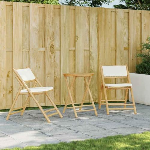 Genérico Juego bistró Plegable de bambú 3 pzas con Cojines Blanco Crema,Mobiliario,Muebles de jardín,Conjuntos de jardín,365872