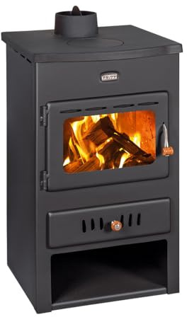 Prity K1 CP W8 - Stufa a legna con rivestimento ad acqua, 8 kW, parte superiore in ghisa, riscaldamento centralizzato, multifuel, bruciatore a legna marcato CE