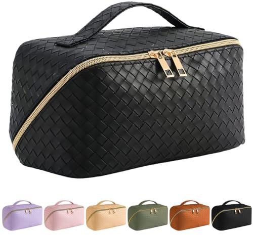 NIFTYY Large Capacity Twill Makeup Bag for Women, Waterproof Travel Cosmetic Organiser with Handle & Divider, Portable Flat Lay Toiletry Bag (Black)