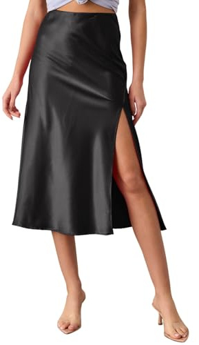 Générique Jupe Femme mi-Longue Fendue Taille Haute en Satin de Soie pour Femme, avec Ceinture élastique