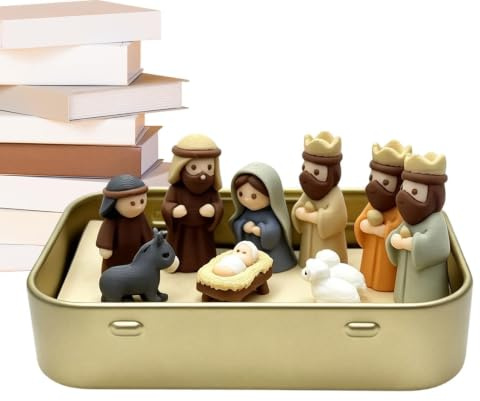 Jukrubba set 3D-Printade Religiösa Statyer I En Plåtburk | Julens Krubbscen Figuriner Passar för Bokhylla Öppen Spis Inomhus Kontor Sängbord Skrivbord