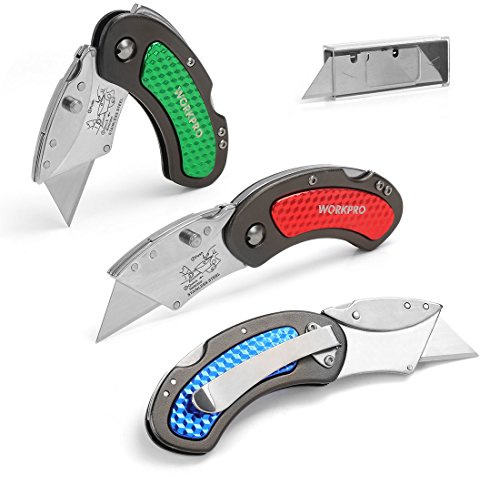 WORKPRO Folding Utility Knife Set Quick Change Blade, Back-lock Mechanism 3-piece with 10-piece Extra Blades