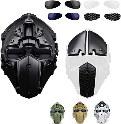 iMeshbean Full Face Protective Mask Tactical Airsoft Helmet with 4 Pairs Visor Goggles as a Gift for Hunting Paintball Cosplay Movie Prop (Black)