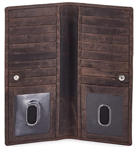 Wise Owl Portafoglio Uomo Lungo in Vera Pelle, Bifold RFID Slim & Elegante, 2 Finestrini ID, Porta Carte di Credito, Confezione Regalo (Coffee)