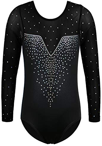ZNYUNE Kinder Gymnastik Trikot mit Pailletten Mädchen Gymnastikanzug Langarm in Tüll 203 SequinBlack 10A