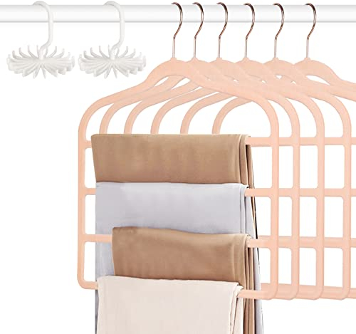Tinfol 6 Stück Samt-Hosenbügel, platzsparendes Hosenregal, 4 Schichten, rutschfeste Jeansbügel, mehrere Hosenbügel, Schrankaufbewahrung, Organizer für Hosen, Jeans, Schals, Krawatten, Kleidung (rosa)