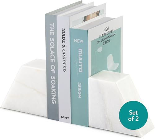 Navaris Set de Sujetalibros de Mármol - 2 Sujeta Libros de Marmol Blanco para Estanteria - Apoya Libros Originales de 13 x 11 x 6,5 cm