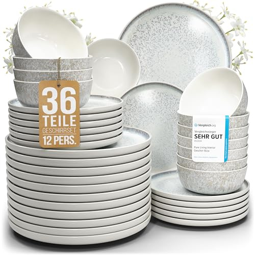 Matservis middagsservis mattallrik, tallrikssats, middagsservis – Pure Living stengods porslinsset 36 delar, tallrik, 12 personer, porslinsset, ljus beige