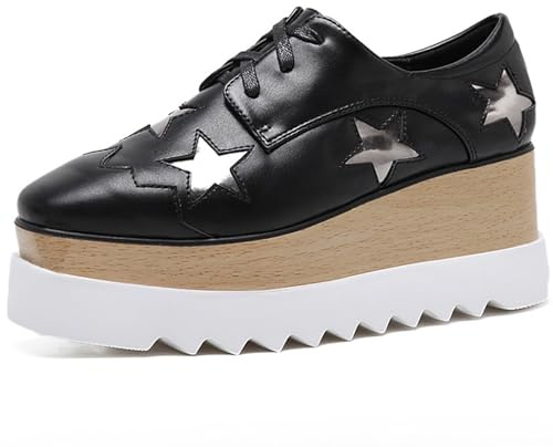 Amtopiyo Sneakers da donna con plateau alta punta quadrata con lacci tacco a zeppa casual, Nero , 36 EU