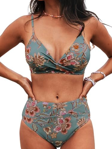 CUPSHE Damen Bikini Set Crossover V Ausschnitt High Waist Tank Bademode Vintage Blumenmuster Elegant Zweiteiliger Badeanzug Swimsuit Retro Rote Blumenmuster M