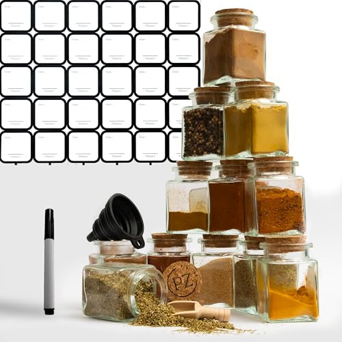 Plaizirr Pots à épices en verre sans BPA 12x180ml avec couvercles en liège, étiquettes personnalisables, stylo effaçable et entonnoir pour un rangement pratique et stylé de vos épices.