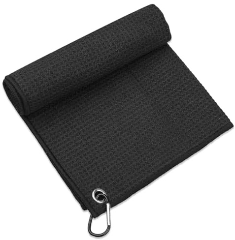 KMANGMAN 1 Pezzi Asciugamano da Golf in Microfibra 40 * 40cm,Asciugamano per La Pulizia Del Golf,Motivo a Cialda,con Moschettone,per Appendere Sulla Borsa Da Golf Club(Nero)