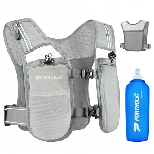 PORTHOLIC Gilet de Course pour Homme et Femme avec Bouteille d'eau de 500 ML | Gilet d'hydratation réglable | Réfléchissant | Léger | 6 Poches | Accessoires de Course pour la randonnée et la Course à