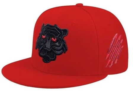 Men’s Lion Embroidery Snapback Cap – Adjustable Flat Peak Baseball Hat | 5-Panel Casual Outdoor Cap (UK, Alpha, One Size, Red, Cap)