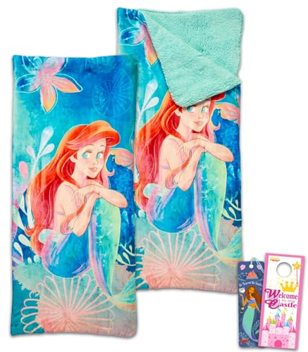 Ariel Ensemble de sacs de couchage – Ensemble avec sac de couchage Little Mermaid de 68,6 x 66 cm avec doublure Sherpa et marque-page, plus | Fournitures de camping et de soirée pyjama Ariel