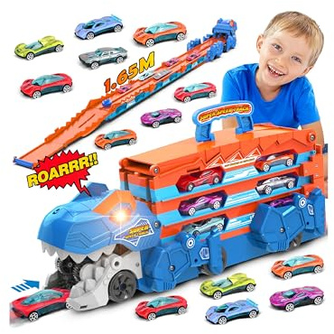 TERRAMUS Camion Transport Dinosaure - Ensemble de Jouet de Voiture 3 en 1 avec Circuit Pliable Portable pour Enfants avec 8 Voitures de Course, Ensemble de Jouets de Véhicules Portables pour Enfants