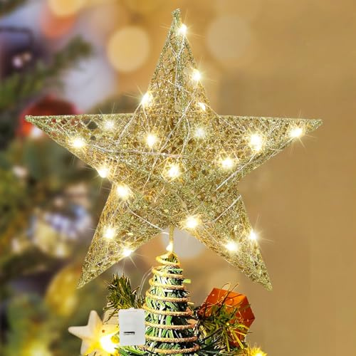 Cime étoile de sapin de Noël, Cime de sapin de Noël étoile avec lumière LED, Cime de sapin de Noël dorée étoile LED ornement de sapin scintillant pour sapin de Noël décoration de maison fête