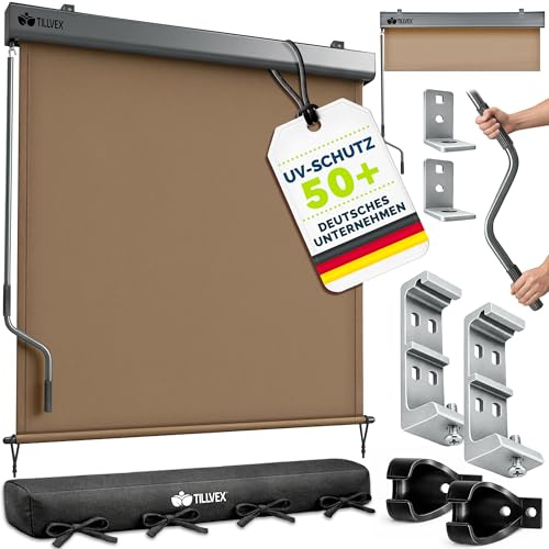 tillvex® Toldo Vertical de 180 x 250 cm para Exterior e Interior con Cubierta | Resistente al Agua con manivela para balcón, terraza y jardín | Estor para balcón, protección Solar de Aluminio