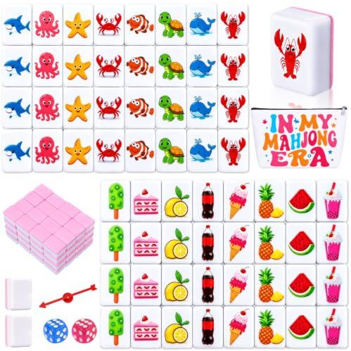 gyoyede 2 Player Mahjong Block Set, 66 Pink Tiles, 1.18 Inch Ocean and Food Theme Travel Mahjong Set with Storage Bag for Beach Trips, Summer Parties and Family Game Night Gifts