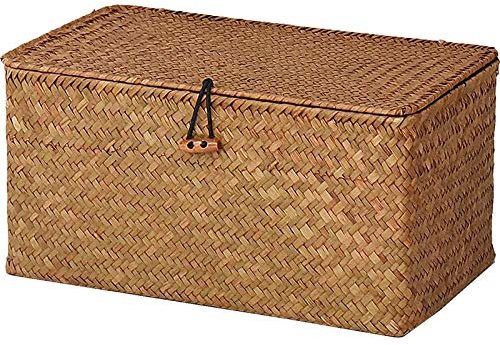 Seagrass Cesta Vimini con Coperchio Cestini Portaoggetti Naturale (Medio 30cmx18cmx15cm H)