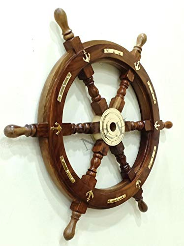 Rueda náutica de Madera con Ancla Grande de latón para Barco