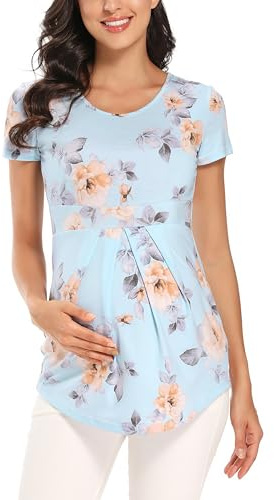 Love2Mi Camicia premaman da donna in gravidanza, maniche a 3/4 e maniche corte, bella ed elegante, Stampe S-azzurro, M