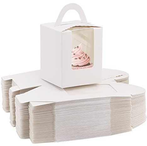 acDesign 100Pcs Cupcake Boxes With Window 3.6in*3.6in*4.3in Cupcake Carrier Individual With Handle and Inserts for Wedding Bakery Wrapping Party Favor Packing(White)