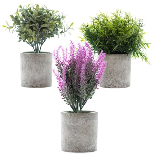 Woodside Mini Potted Artificial Plants, Indoor Outdoor Home & Office Faux/Fake Bedroom Kitchen Table Plants, Eucalyptus/Rosemary/Lavender, pack of 3