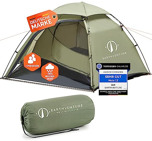 EARTHVENTURE® Camping Zelt 2 Personen wasserdicht - Schneller & Leichter Aufbau - Ultraleichtes kleines Packmaß - Ideal für 1 bis 2 Personen geeignet - Camping Trekking Zelt Outdoor & Motorrad