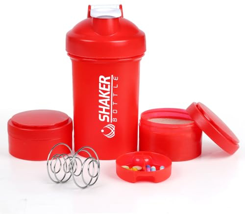 VECH 16oz (500ml) Protein Shaker Bottle with Mixing Ball, Leakproof Gym Shaker Cup for Protein Shakes & Supplements - Includes Detachable Powder Storage & Pill Tray - BPA-Free, Dishwasher Safe（Red）