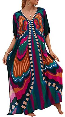 Bsubseach Cubre Bikini Vestido Largo Suelto Kaftan Cuello en V de Playa Estampado de Mariposas Colorido para Mujer Libélulas