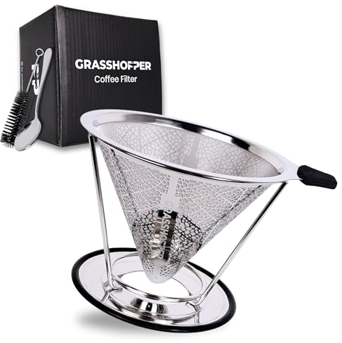 GRASSHOPPER - Premium Reusable Coffee Filter with Coffee Filter Holder - Suitable for: Coffee Cup, Coffee Pot, Thermos Flask, Thermal Mug - Stainless Steel Coffee Filter - Dishwasher Safe