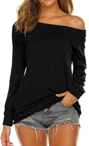 Halife Women's Long Sleeve Boat Neck Off Shoulder Blouse Tops Black S