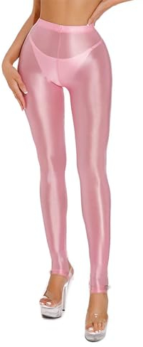 HULIJA Damen Nylon Legginsg Glänzend Hose Dessous High Waist Tanzleggings Unterleggings Pantyhose Training Fitness Rosa L