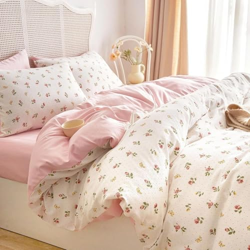 Sedefen Bettwäsche 135x200cm Weiß Rosa Blumen Bettbezug Floral Blätter Pflanzenmuster Wendebettwäsche Set Microfaser Mädchen Bettwaren-Set mit Reißverschluss und Kissenbezug 80x80cm