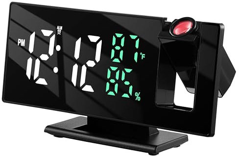 Echos Projektionswecker/LED Wecker mit Zeitprojektion Temperatur- & Luftfeuchtigkeitsanzeige 3m drehbare Uhranzeige Alarmuhr mit Schlummerfunktion Datumsanzeige 3 Helligkeitsstufen Notfallbatterie