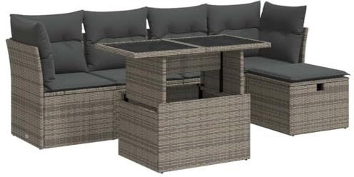 vidaXL 6-TLG. Garten-Sofagarnitur mit Kissen Grau Poly Rattan, Outdoor Sofagarnitur, Gartensofa Set, Lounge Set, Sofagarnitur Terrasse