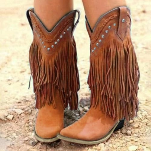 Generisch Cowboystiefel Damen,Western Fransen Stiefel mit Absatz,Damen Hohe Stiefel,Fransen Klassischer Halbhohe Stiefel mit Blockabsatz,Vintage Spitz Stiefel Wildleder Kniehohe Booties