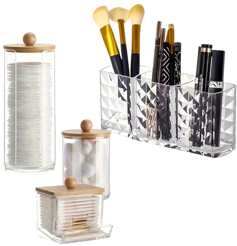 REDKNOT 4 Stück Acryl Wattestäbchen Behälter Transparente Wattepadspender Schreibtisch Aufbewahrungsbox Wattepads Aufbewahrung mit Deckeln für Wohnzimmer, Schlafzimmer, Badezimmer Deko