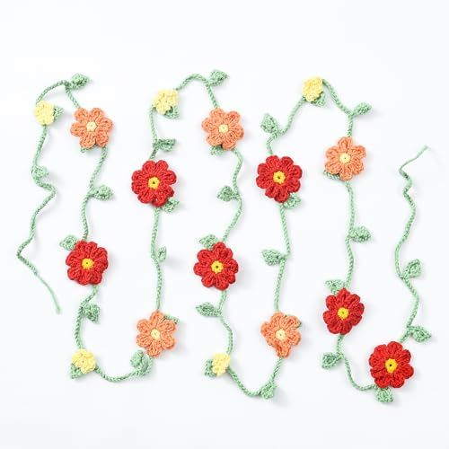 Handmade Crochet Flower Garland, Knitting Wool Spring Bunting Floral Ornaments, Red Pink Flower Hanging Garland for Boho 1st Birthday Party Supplies, Nursery, Bedroom, Fireplace, Home Wall Décor