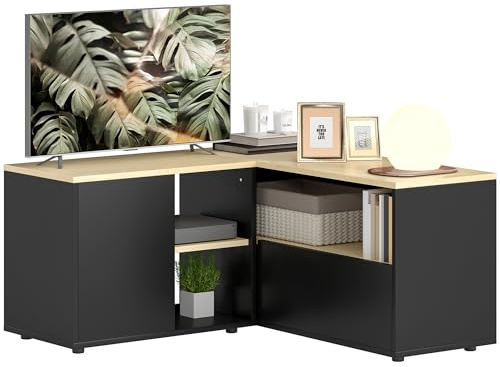 HOMCOM Meuble TV d'angle Banc télévision jusqu'à 40 Pouces avec rangements chêne et Noir