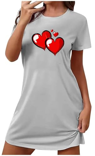 Chemise de nuit pour femme - Imprimé graphique cœur - Col rond - Manches courtes - Robe de nuit - Chemise de nuit - T-shirt longue - Mini robes décontractées - Vêtements de nuit - Vêtements de nuit