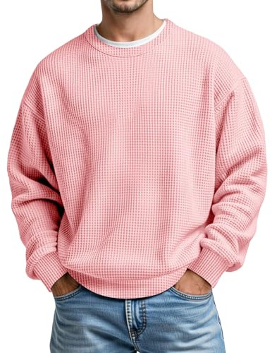 Chemise Homme Sport Haut Uni Col Rond T-Shirt Coupe Regular Chemises Doux Chaud Loisir Pull Homme Pull d'Hiver Grosse Maille Pull Business Pull de Travail Confortable Sous-vêtements, O rose., M