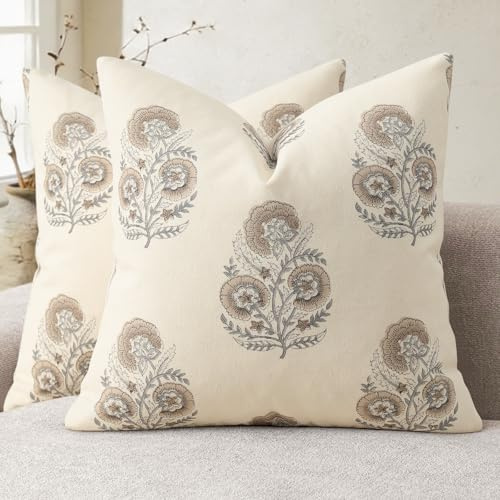 YCOLL Vintage Floral Print Cushion Covers 40x40 Set of 2 Patterned Accent Sofa Cushions Modern Farmhouse Decorative Cushions for Sofa Chair Bed Living Room Home Decor Light Brown