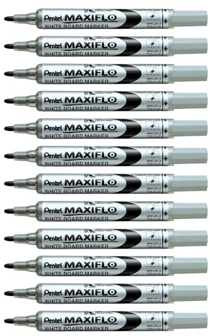 Pentel Maxiflo Lot de 12 Marqueurs effaçables à sec pour tableau blanc Pointe conique moyenne encre liquide Noire
