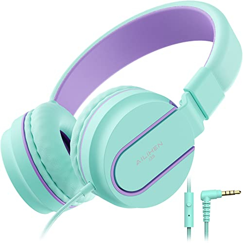 AILIHEN I35 Auriculares de Diadema Cerrados con Cable, Auriculares Plegable con Micrófono y Control Remoto para Mp3, iPhone, Smartphone Android, PC, Color Menta y Púrpura
