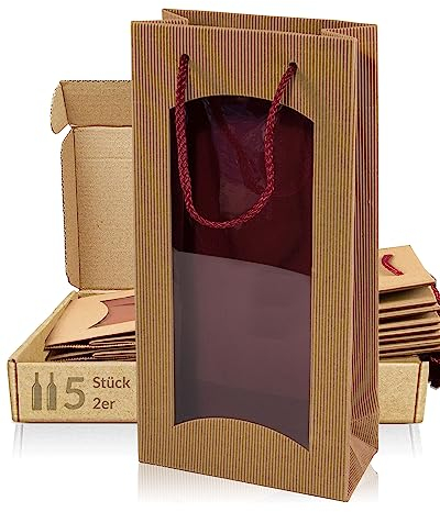 5x Wein Flaschen Geschenktüte - 2er - Wellkarton, Natur & Rot mit Sichtfenster