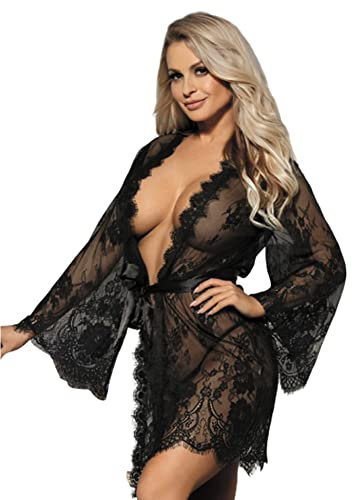 ohyeahlady Damen Kimono Sexy Spitzen Robe Volant Langarm Transparent Weiter Ärmel Morgenmantel Reizwäsche Nachtwäsche Bademantel Dessous Set mit G-String Gürtel Große Größen(Schwarz,M-L)