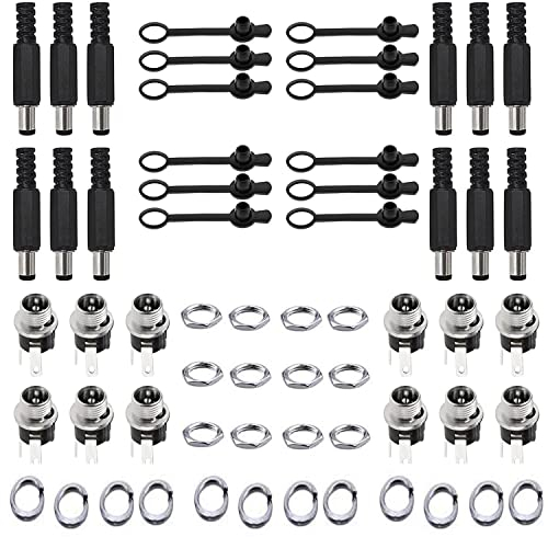 RUNCCI-YUN 12 Pcs 2.1 mm x 5.5 mm Alimentazione DC Spina Maschio Jack Socket/12 Pcs Kit di Montaggio Pannello DC connettore Femmina Adattatore DIY connettore con 12 Cappucci Impermeabile,